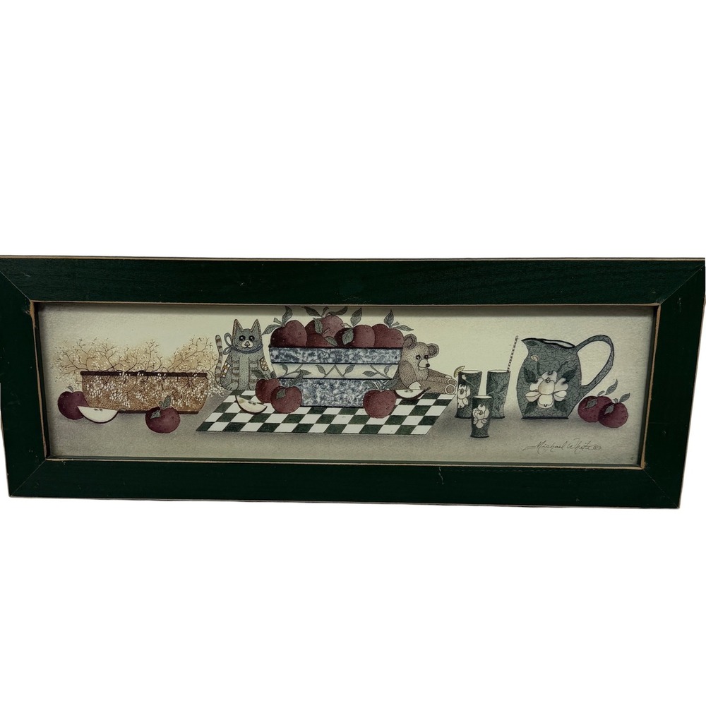Michael White Country Primitive Still Life Framed Print Apples Cat Teddy Bear